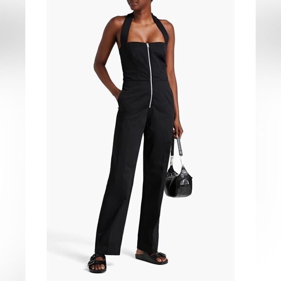 FRAME Women’s Halter Jumpsuit Straight Leg Front Zip Plissé Trim Size Small - Picture 1 of 10